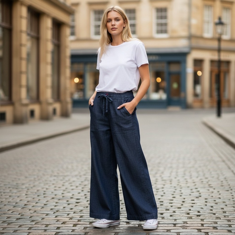 Heirloom Navy Blue Linen Blend Wide Leg Pants Drawstring Trousers Medium LF09